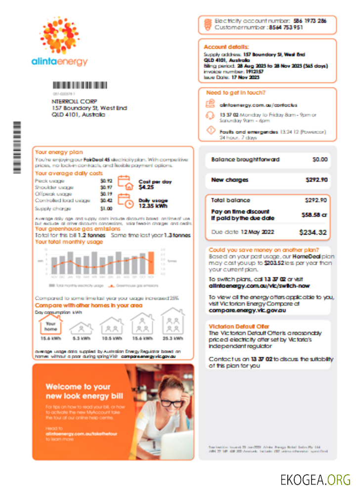 Facture commerciale du service public d'électricité d'Alinta Energy, page 1, SCR